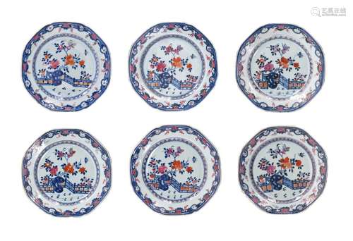 A set of six octagonal Imari porcelain dishes, decorated wit...