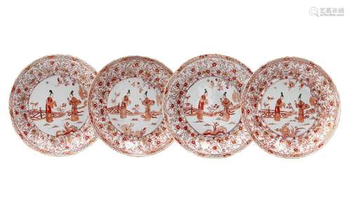 A set of four iron red and white porcelain deep dishes, deco...