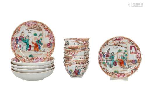 A set of six lobed polychrome porcelain cups with saucers, w...