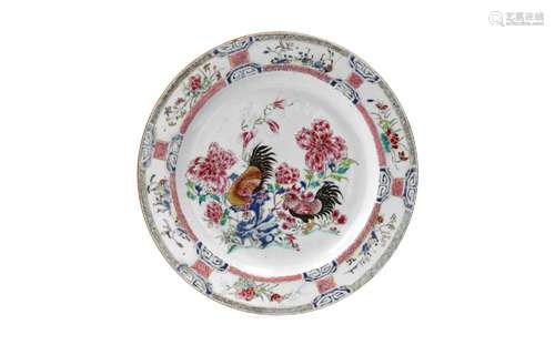 A famille rose porcelain charger, decorated with two rooster...