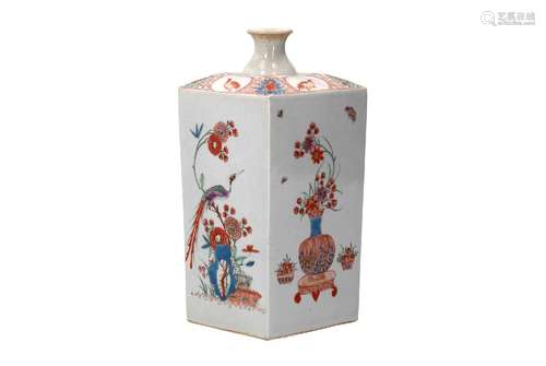 A square shaped porcelain Kakiemon sake bottle, decorated wi...