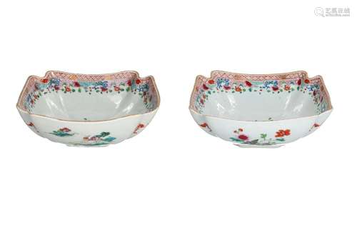 A pair of square famille rose porcelain serving dishes, deco...