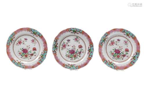 A set of three famille rose porcelain dishes with scalloped ...