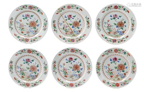 A set of six famille rose porcelain dishes, decorated with f...