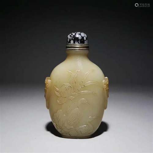 Khotan Jade Lotus Inscribed Snuff Bottle