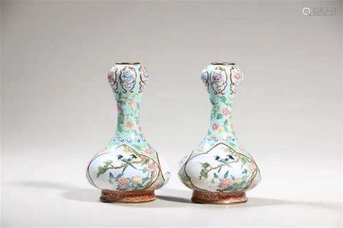 A Pair of Huafalang Paneled Flower and Bird Garlic-head Bott...