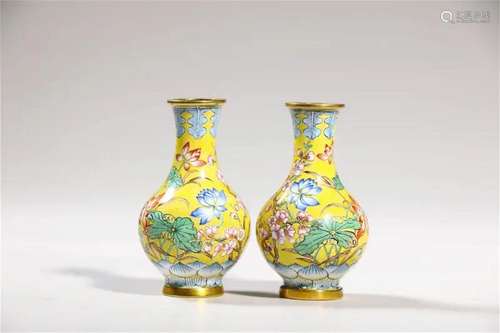 A Pair of Bronze Huafalang Floral Vases