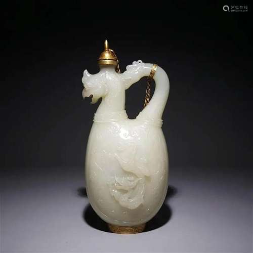 Khotan Jade Gilt Silver Dragon and Phoenix Ewer