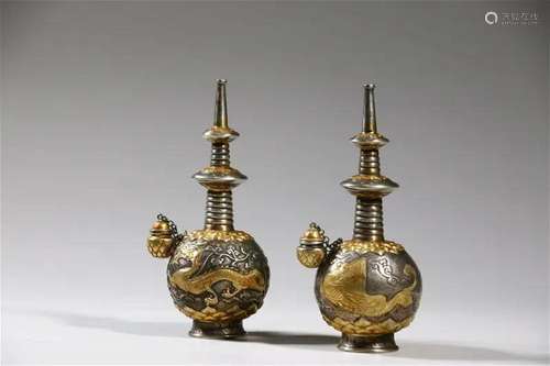 A Pair of Gilt Bronze Dragon Figure Ornaments