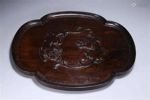 Red Sandalwood Incised Double-lion Plate