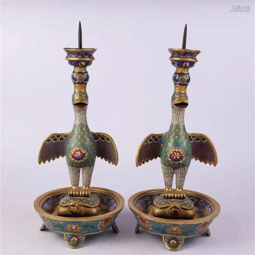 A Pair of Cloisonne Enamel Crane Candlesticks