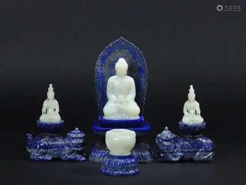 Khotan Jade Lapis Lazuli Shakyamuni, Manjusri, Samantabhadra