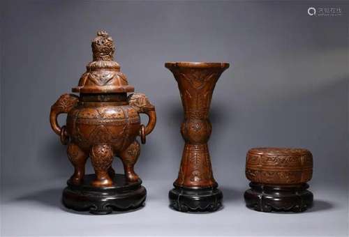 Agarwood Carved Censer, Vase and Box