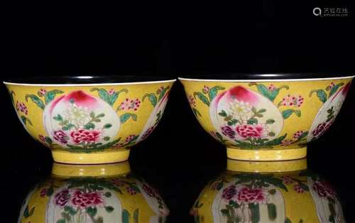 A Pair of Famille Rose Bat and Shou Bowls