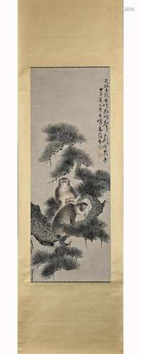 Chinese Monkey Painting, Ink and Color on Paper, Hanging Scr...