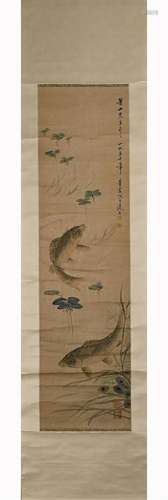 Chinese Fish Painting, Ink and Color on Paper, Hanging Scrol...