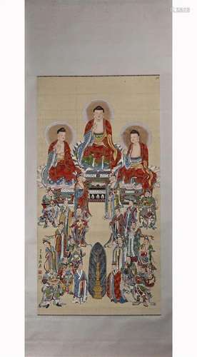 Chinese Buddhist Painting, Ink and Color on Silk, Hanging Sc...