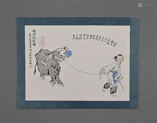 Chinese Ox-herding Painting on Paper, Fan Zeng Mark