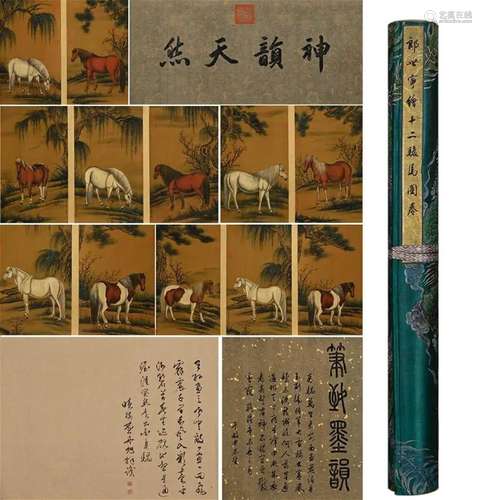 Chinese Twelves Horses Painting, Ink and Color on Silk, Hand...