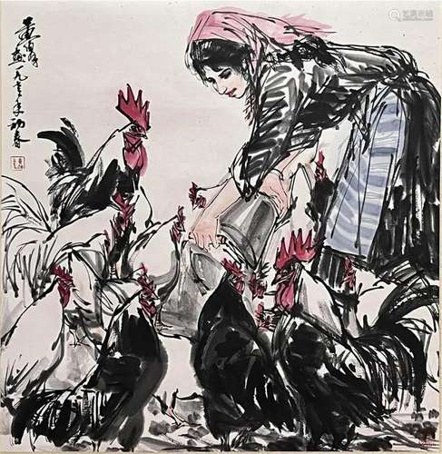 Chinese Figure Painting, Ink and Color on Paper, Hanging Scr...