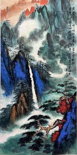 Chinese Landscape Painting, Ink and Color on Silk, Hanging S...