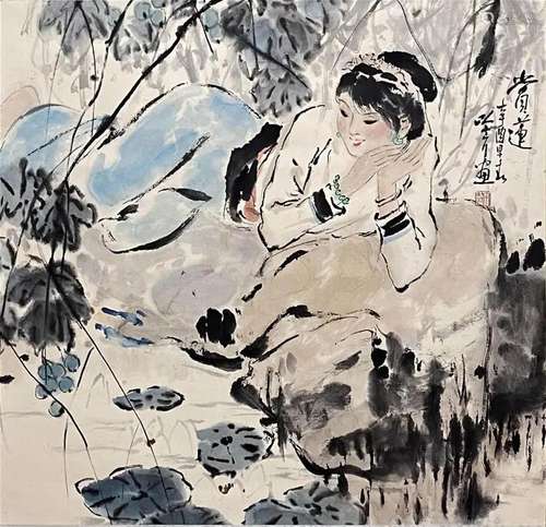 Chinese Figure Painting, Ink and Color on Paper, Hanging Scr...