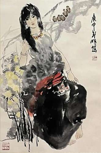 Chinese Figure Painting, Ink and Color on Paper, Hanging Scr...