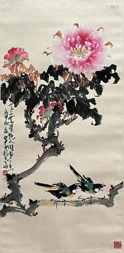 Chinese Flower and Bird Painting, Ink and Color on Paper, Ha...