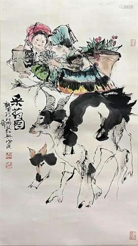 Chinese Figure Painting, Ink and Color on Paper, Hanging Scr...