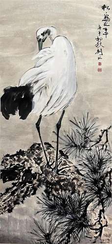 Chinese Crane Painting, Ink and Color on Paper, Hanging Scro...