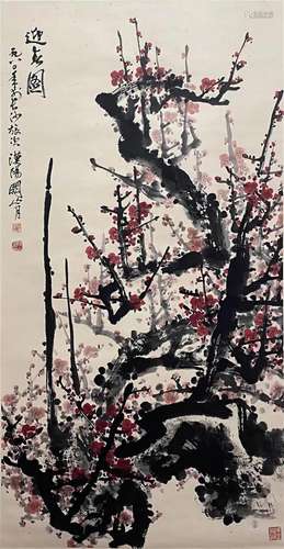 Chinese Plum Painting, Ink and Color on Paper, Hanging Scrol...