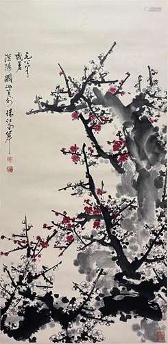 Chinese Plum Painting, Ink and Color on Paper, Hanging Scrol...