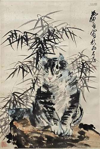 Chinese Cat Painting, Ink and Color on Paper, Huang Zhou Mar...