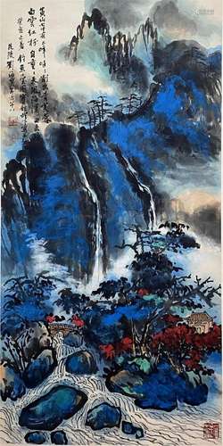 Chinese Landscape Painting, Ink and Color on Silk, Hanging S...