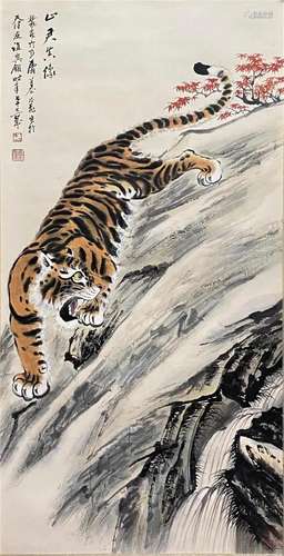 Chinese Tiger Painting, Ink and Color on Paper, Hanging Scro...