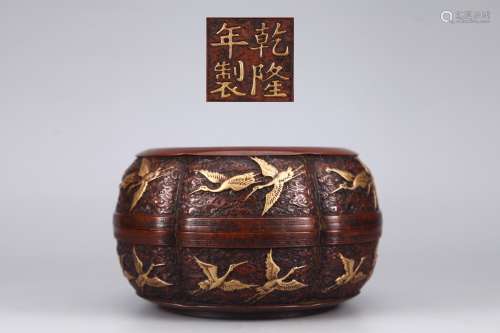 旧藏精铸紫铜胎鎏金白鹤纹盖盒
