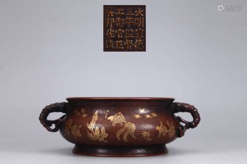 旧藏精铸紫铜胎鎏金荷塘鱼趣纹竹节耳炉