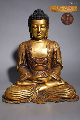旧藏精铸铜胎鎏金阿弥陀佛坐像