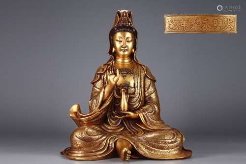旧藏精铸紫铜胎鎏金观世音菩萨坐像