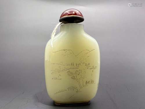A nature scene incripted jade snuff bottle, Qing Dynasty Pr.