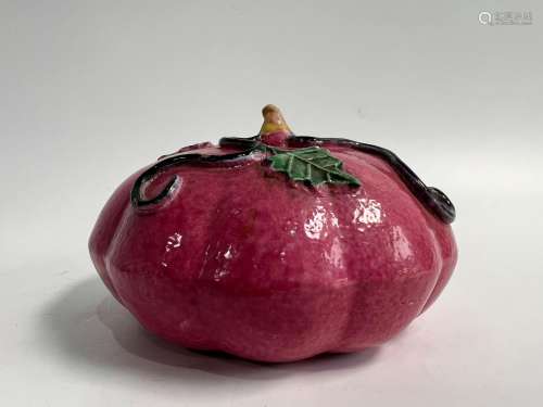 A red pumpkin shaped porcelain ornament, Qing Dynasty Pr.
