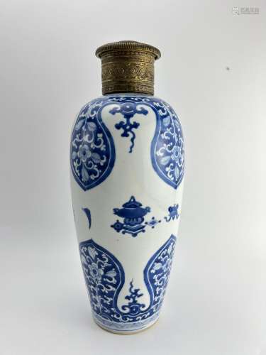 A cooper mounted blue and white vase, Kang Xi Pr.