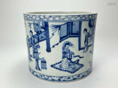 A figures decorated blue&white brush pot, Kang Xi Pr.
