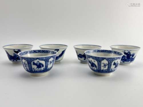 A set of six blue&white cups, marked, Qing Dynasty Pr.