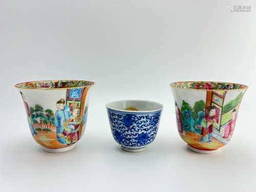 A paif of coffe cups and a blue&white cup, Qing Dynasty ...