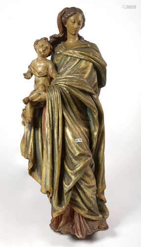 "Vierge à l'enfant" en bois sculpté, polychromé et...