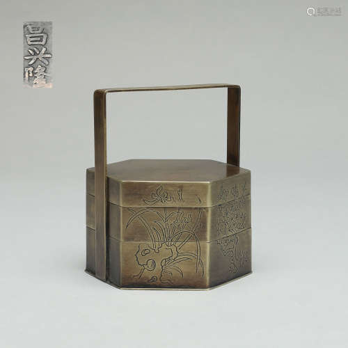 清 白銅花卉紋六角提盒