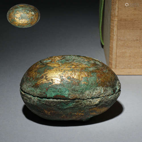 唐 銅鎏金鏨刻花鳥紋盒