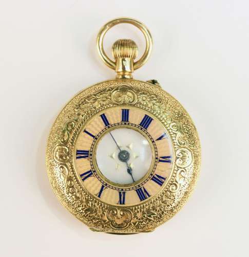 An 18ct gold keyless wind half hunting cased lady's fob watc...