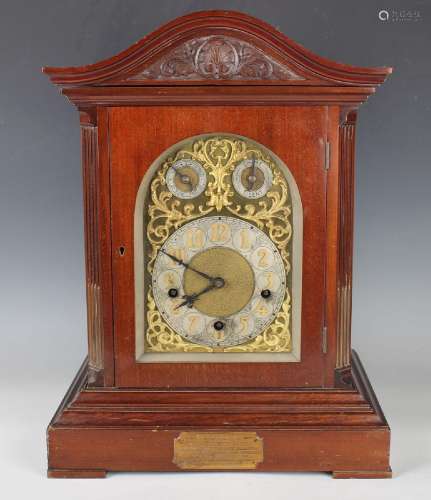 An early 20th century mahogany bracket clock with three trai...